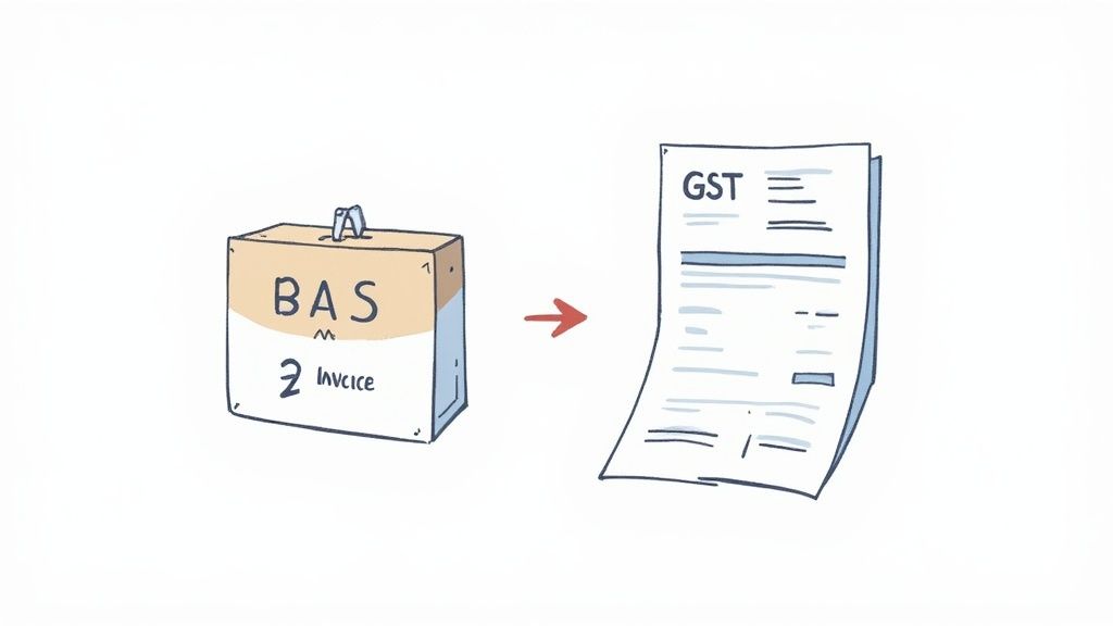 A hand-drawn illustration shows a BAS invoice box leading to a GST document, symbolizing tax processing.