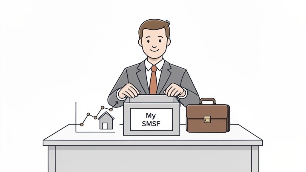 Cartoon man in a suit managing his SMSF, showing property investment growth and a briefcase.