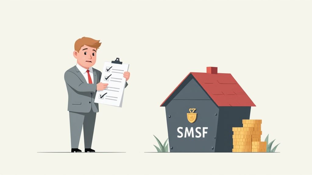 Businessman reviewing SMSF checklist with self-managed super fund house and coins illustration