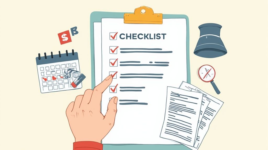 A hand checking a checklist on a clipboard surrounded by documents, a calendar, and financial symbols.