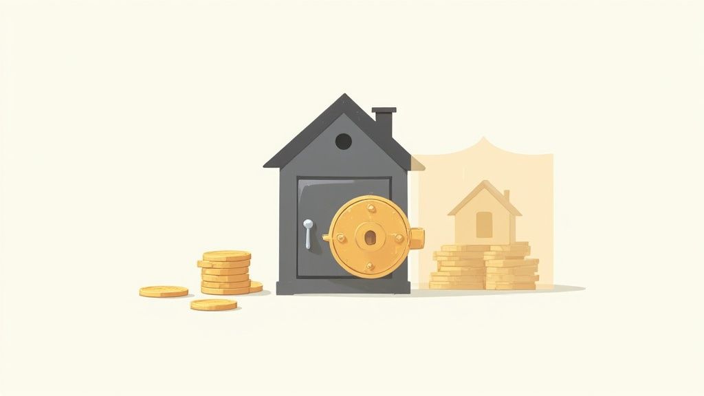 House-shaped safe with golden lock surrounded by stacked coins representing trust fund security
