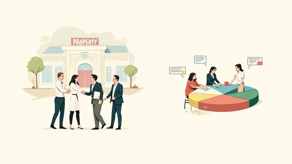 Illustration of real estate professionals shaking hands outside a property building and women discussing data with a pie chart.