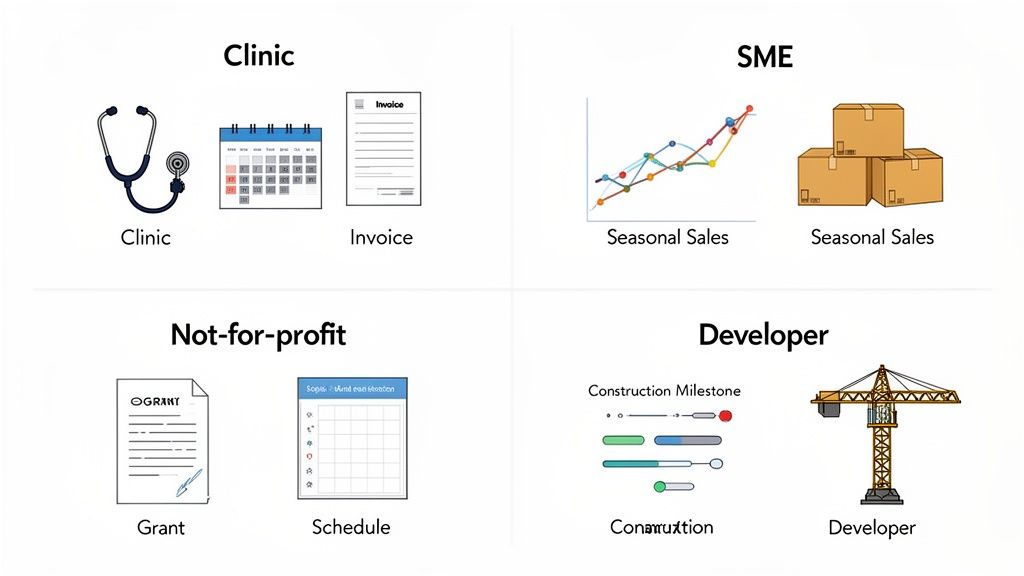 Visual examples of business types: Clinic, SME, Not-for-profit, and Developer, with icons representing their typical financial scenarios.