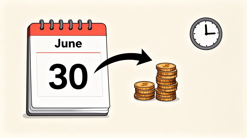 A calendar page showing June 30 with an arrow pointing to stacks of gold coins, next to a clock.