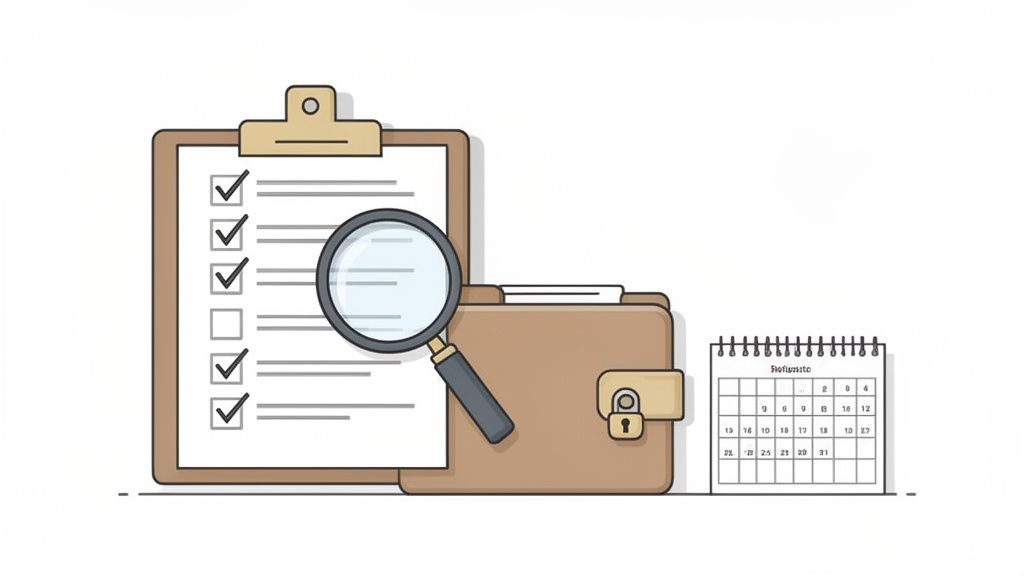 A checklist on a clipboard with a magnifying glass, a locked folder, and a calendar, suggesting review, security, and planning.