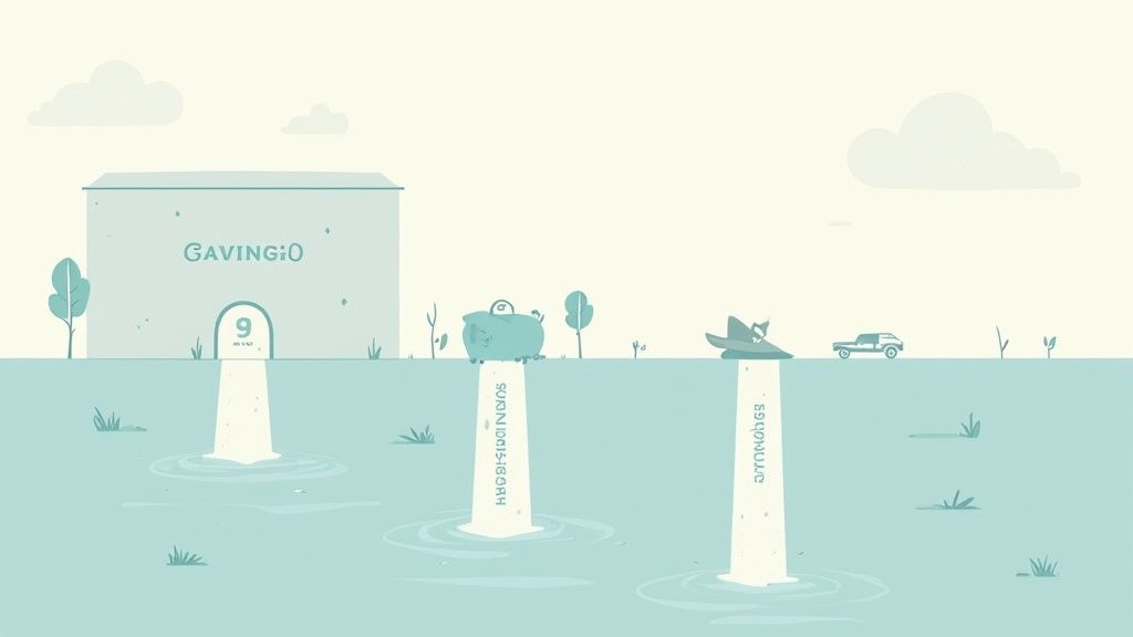 Minimalist illustration of financial streams from various sources like a house, piggy bank, and figure.