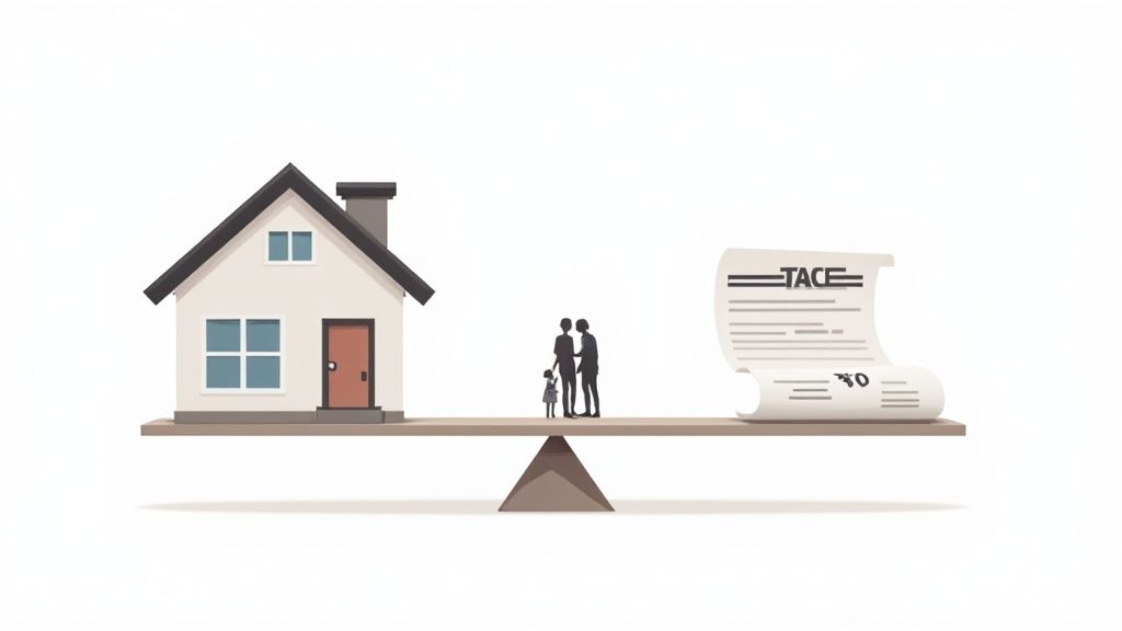 House and tax documents balanced on scale illustrating mortgage interest deduction decision making
