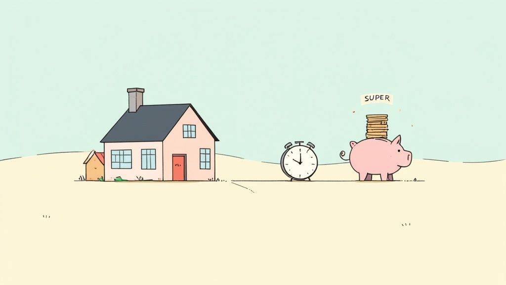 Illustration showing a house, an alarm clock, and a piggy bank with 'SUPER' coins, representing financial planning.