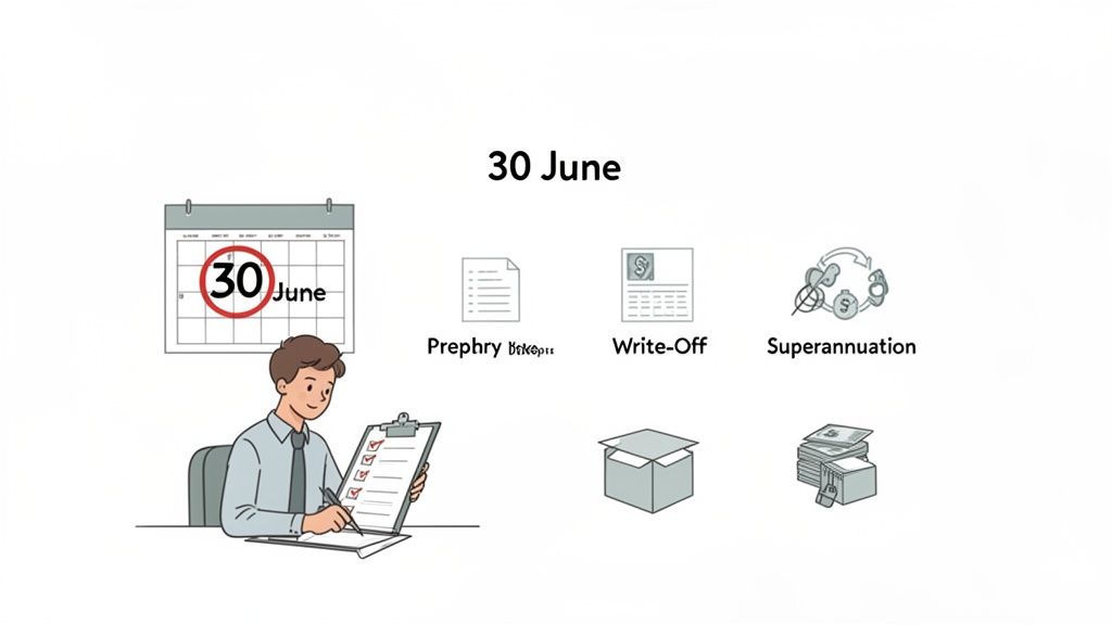 An illustration of year-end financial tasks, including a 30 June deadline, checklists, write-offs, and superannuation.