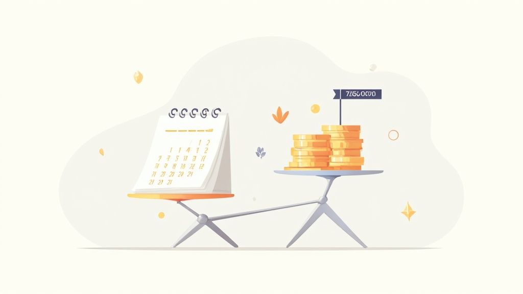 Time and money are balanced on a scale, showing financial planning or savings goals.