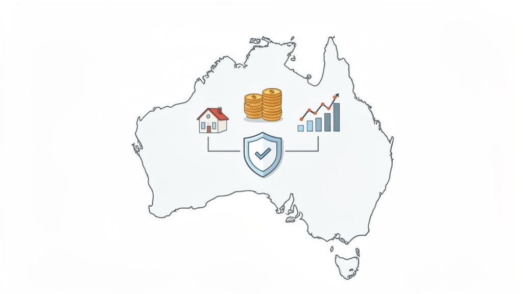 An illustration of the map of Australia showing a house, money, and a graph connected to a shield, symbolizing financial protection and growth.