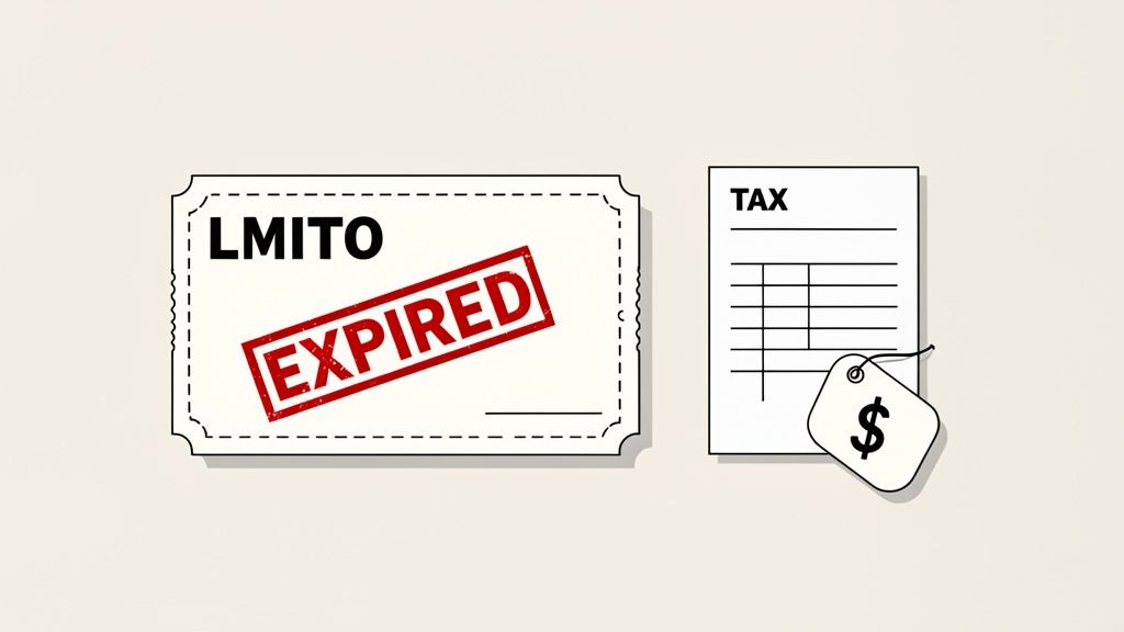 An expired tax offset coupon and a tax document with a dollar sign price tag.
