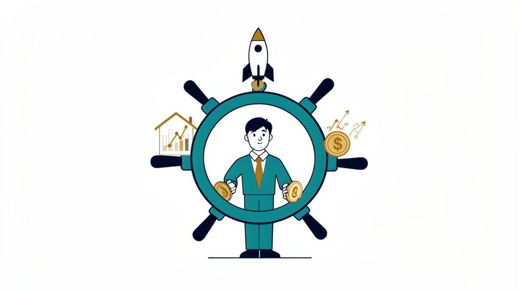 A man managing finances inside a ship's wheel, surrounded by icons of growth, real estate, and investments.