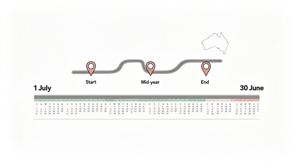 A financial year timeline infographic showing start on July 1st, mid-year, and end on June 30th.