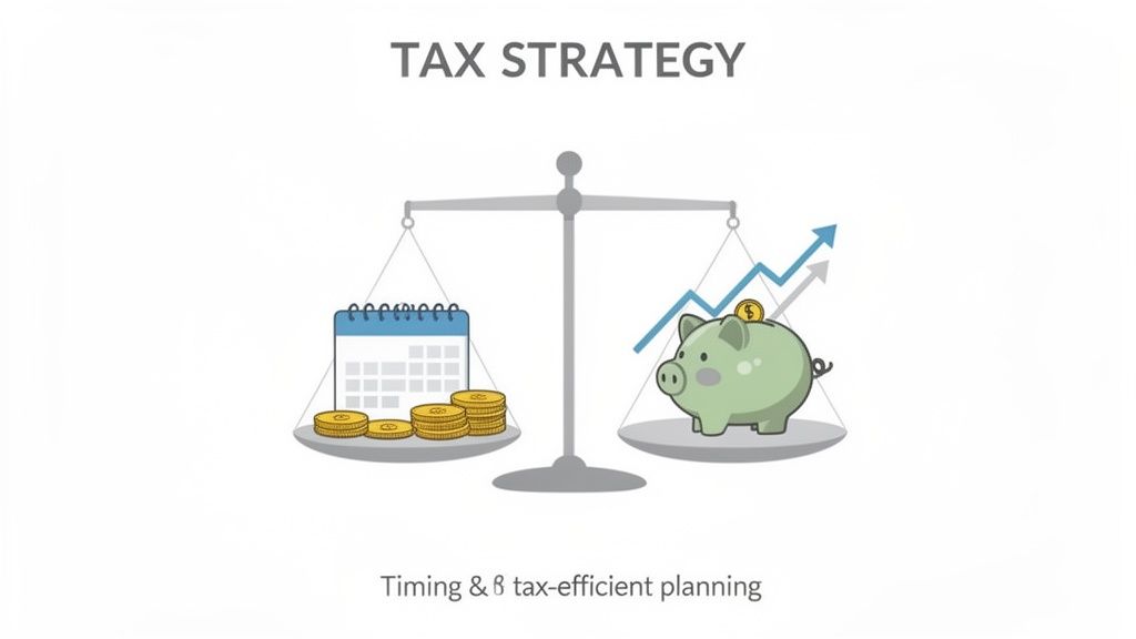 An illustration of tax strategy, scales balancing timing (calendar, coins) with tax-efficient planning (piggy bank, growth arrows).
