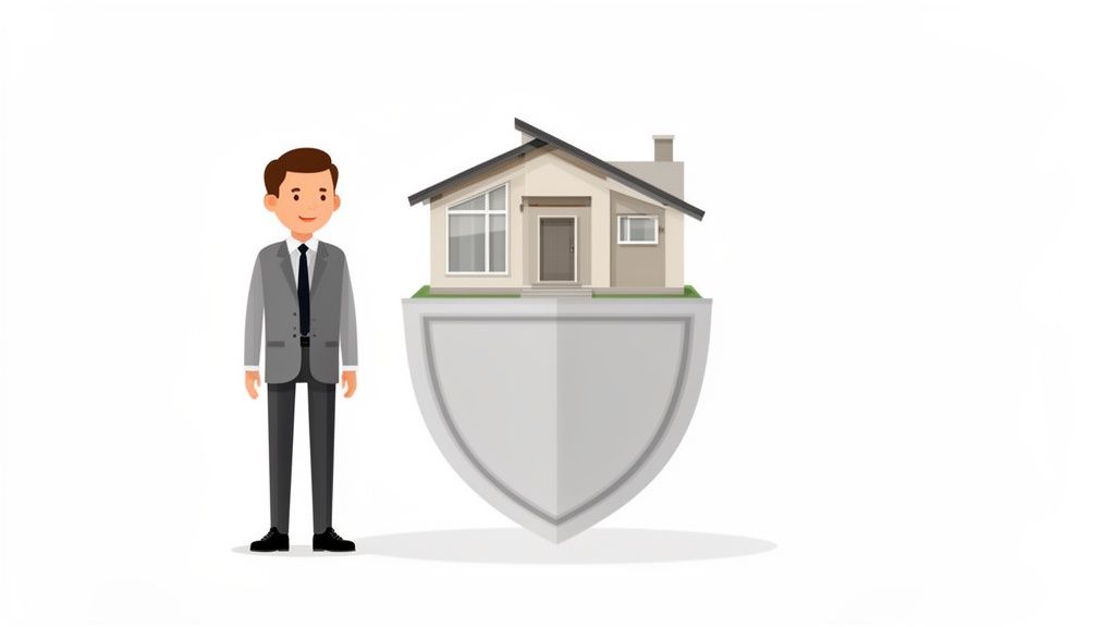 A businessman stands beside a house resting on a shield, symbolizing secure property investment.