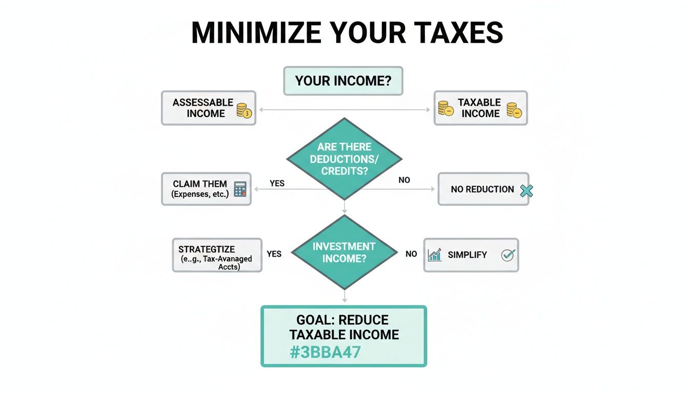 Flowchart illustrating steps to minimize taxes by optimizing deductions, credits, and investment income strategies.