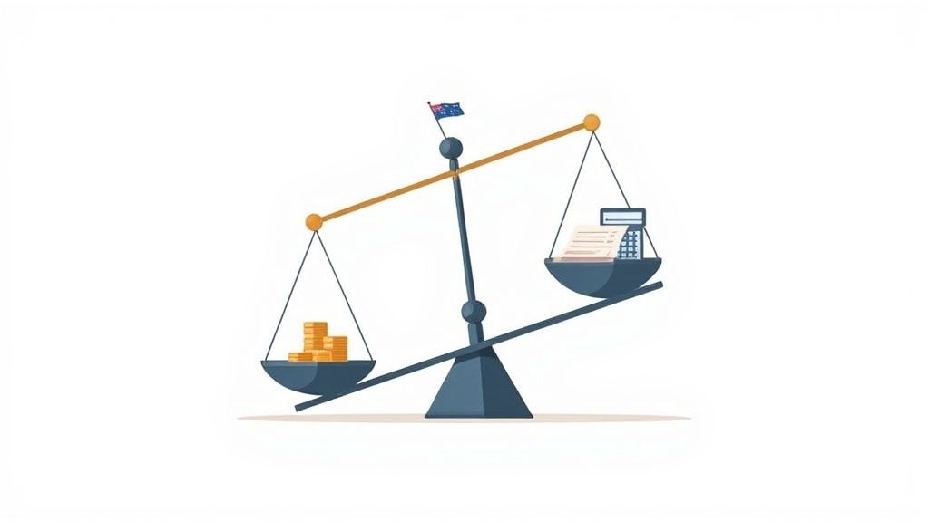 An Australian scale shows taxation documents and a calculator outweighing money, symbolizing financial balance.