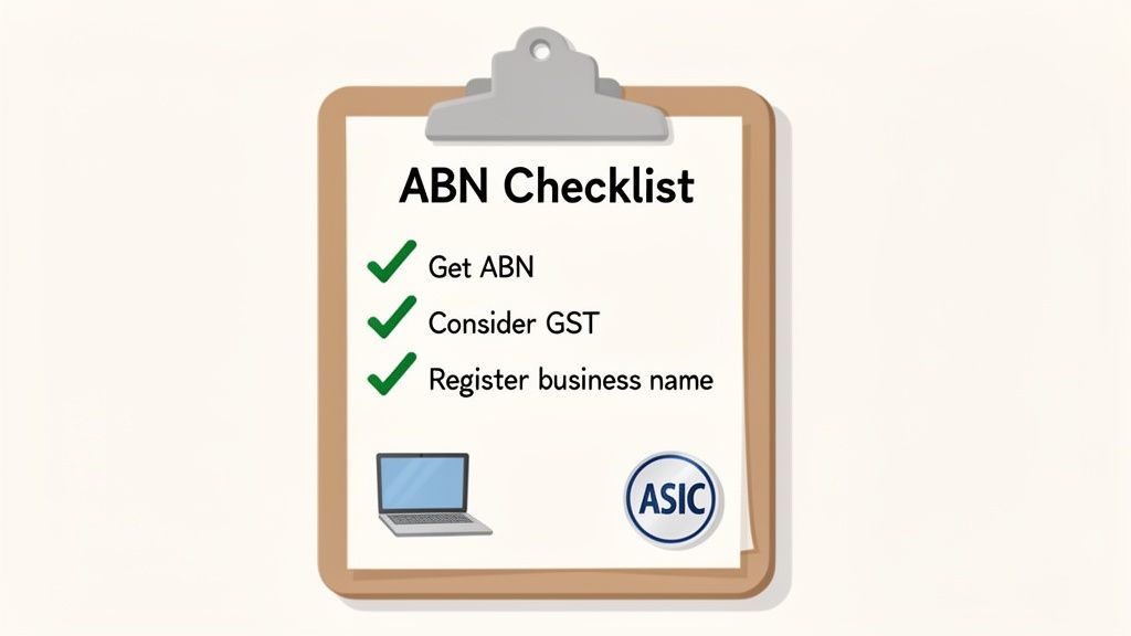 ABN Checklist on a clipboard with items "Get ABN", "Consider GST", "Register business name" checked.