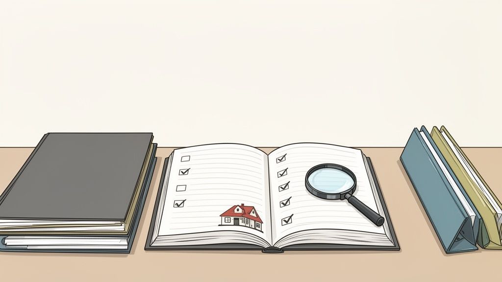 A desk with a stack of files, an open notebook showing a home checklist, and a magnifying glass.