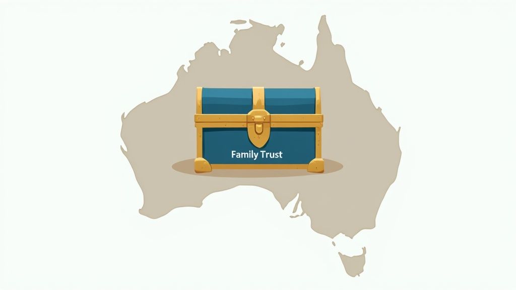 A blue and gold treasure chest labeled 'Family Trust' placed on a map outline of Australia.