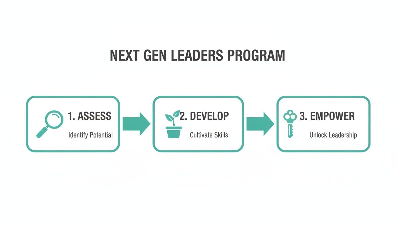 Infographic showing the three-step Next Gen Leaders Program: Identify Potential, Cultivate Skills, Unlock Leadership.