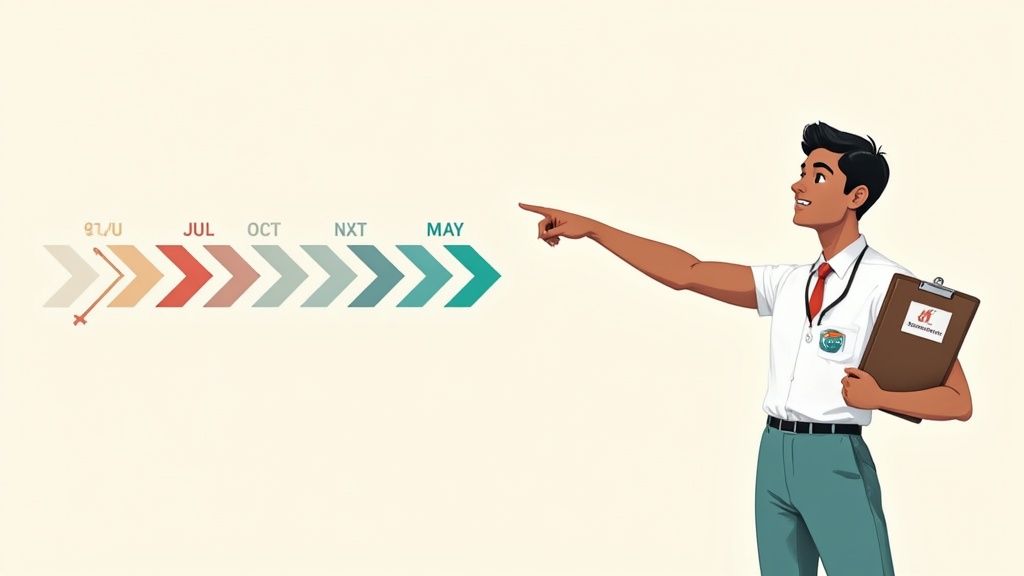 A young man points to a colorful chevron timeline displaying months like JUL, OCT, NXT, and MAY.