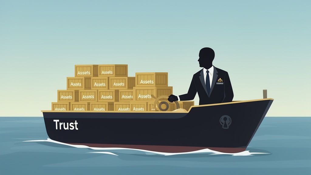 A man in a suit captains a ship full of asset boxes, with 'Trust' written on its hull, sailing on blue water.