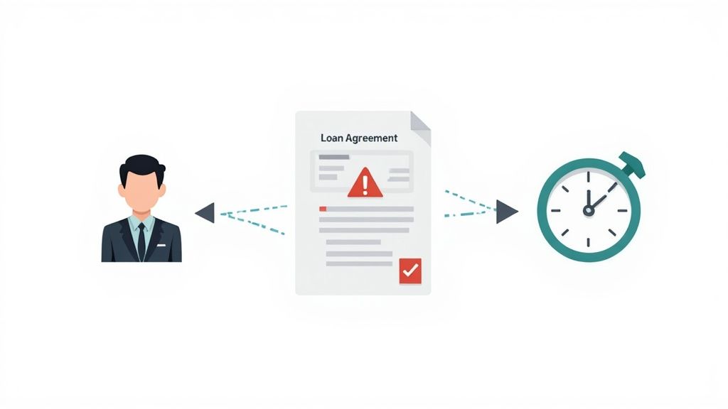 Conceptual image showing a person, a problematic loan agreement document, and a stopwatch for quick resolution.