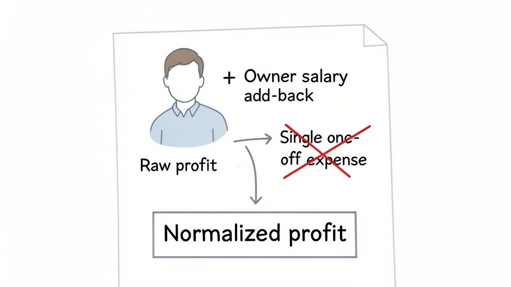 Diagram showing how raw profit is adjusted to normalized profit by adding owner salary and removing one-off expenses.