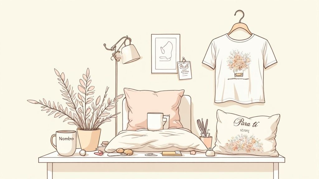 Un escritorio con una planta, tazas, almohadas, una lámpara y una camiseta, en un ambiente acogedor.