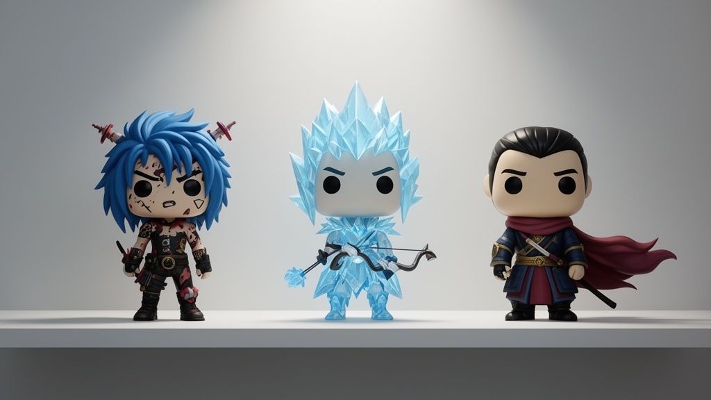 Tres figuras Funko Pop de personajes de fantasía, incluyendo una de hielo y otra con pelo azul, en una repisa.
