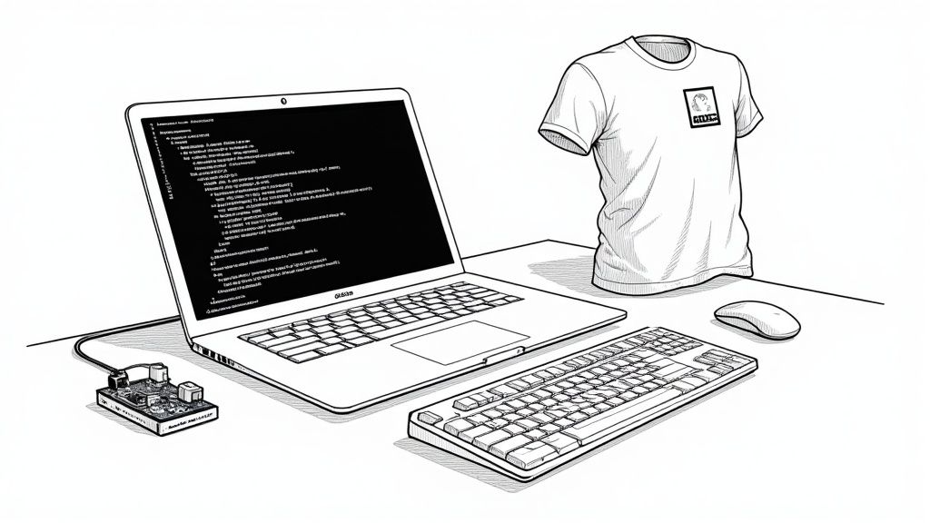 Ilustración de un portátil con código, teclado, ratón, placa base y camiseta en un escritorio blanco.