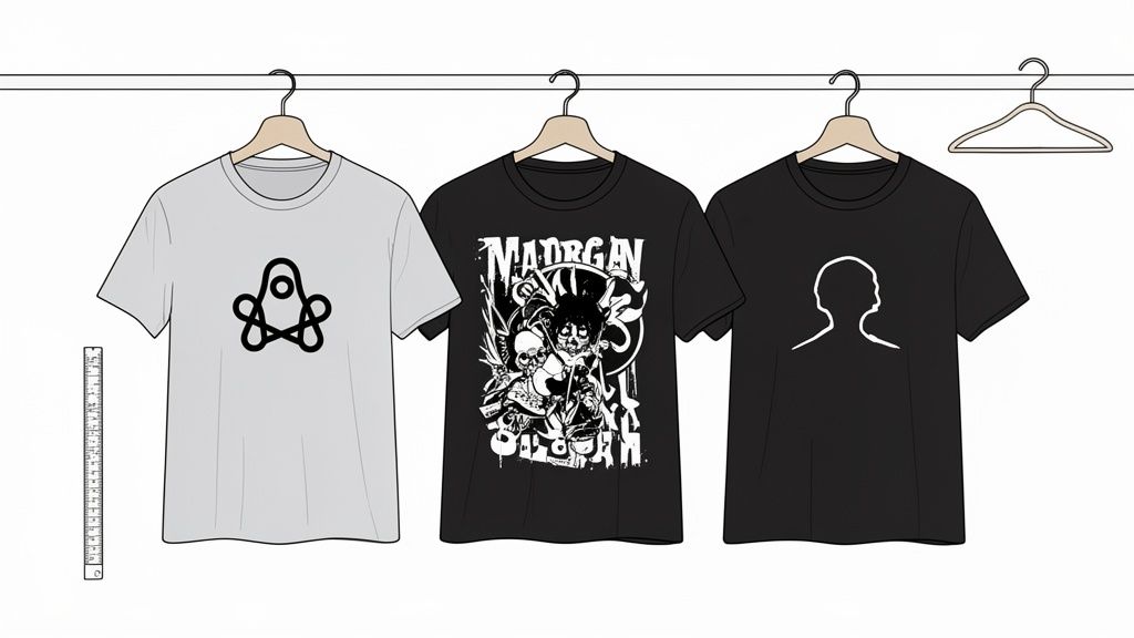 Tres camisetas frikis para hombre con diseños únicos: símbolo abstracto, personajes grunge y silueta.