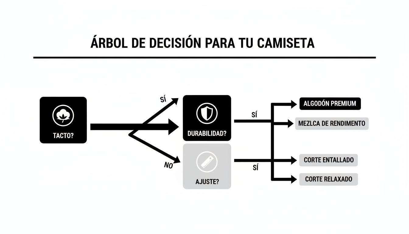 Árbol de decisión para elegir tu camiseta ideal basado en tacto, durabilidad y ajuste.