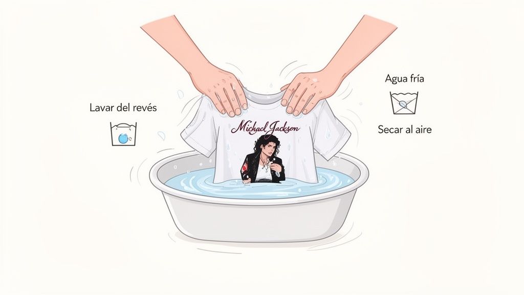 Manos lavando una camiseta blanca de Michael Jackson a mano con agua fría, del revés, para secar al aire.
