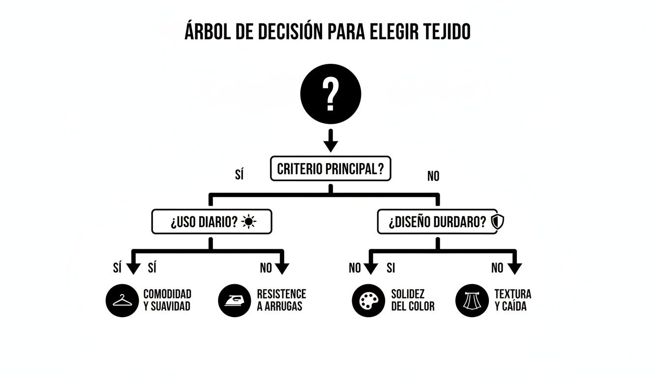 Diagrama de árbol de decisión para seleccionar tejidos, considerando uso diario, durabilidad, comodidad y resistencia a arrugas.