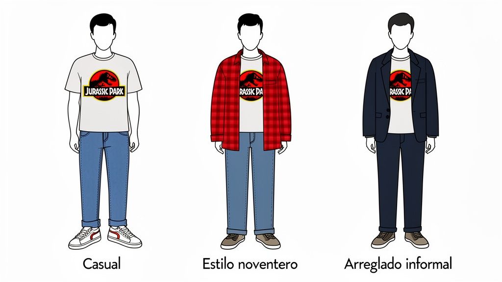 Tres estilos de moda masculinos con una camiseta de Jurassic Park: casual, noventero y arreglado informal.