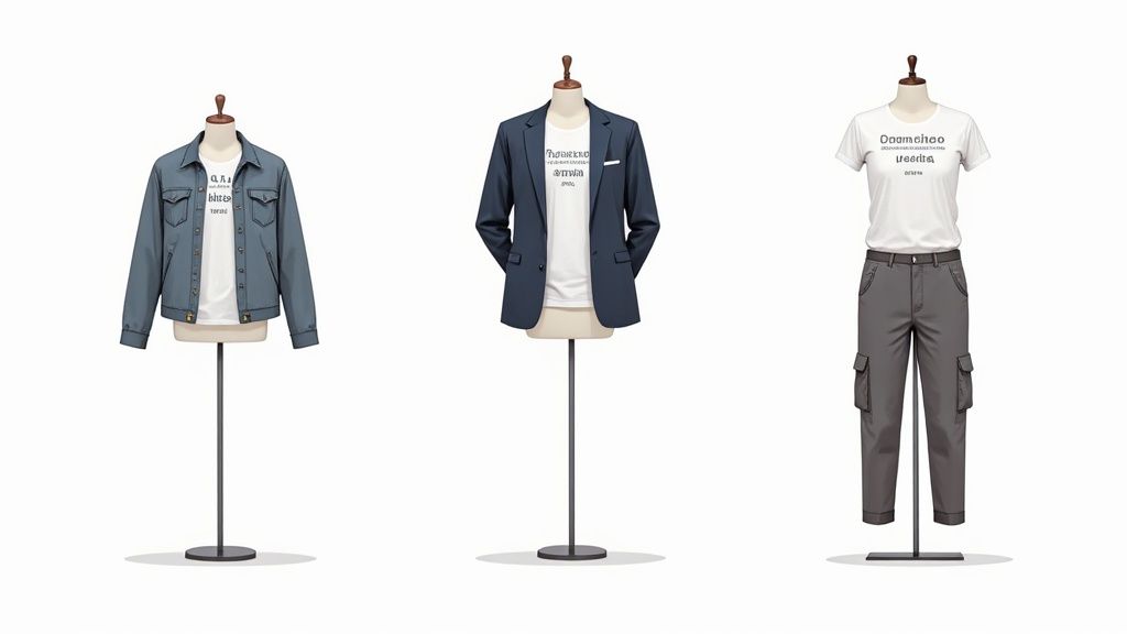 Tres maniquíes lucen diferentes conjuntos casuales de hombre: chaqueta vaquera, blazer y camiseta con pantalones cargo.