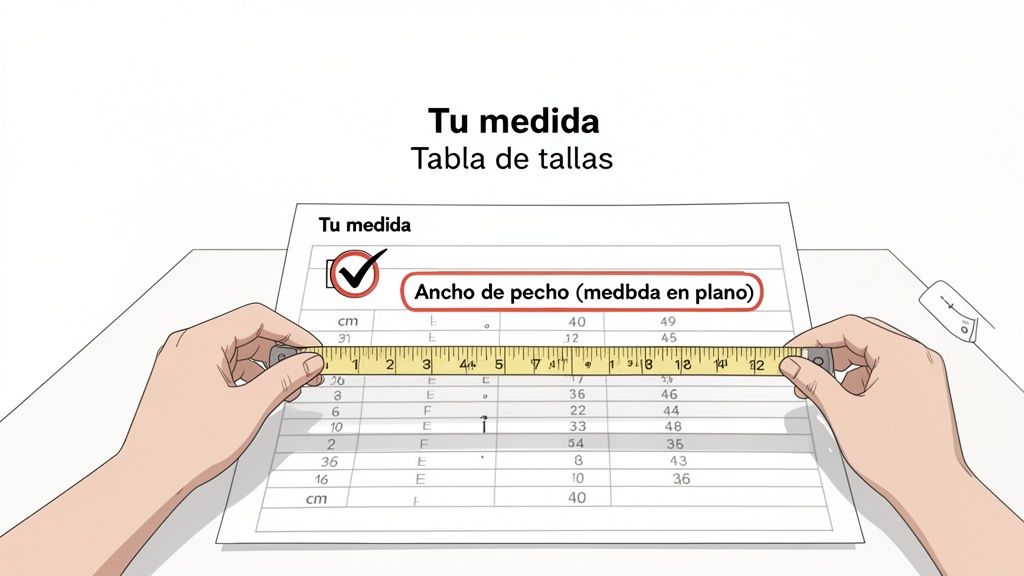 Una persona mide el ancho de pecho en una tabla de tallas con una cinta métrica.