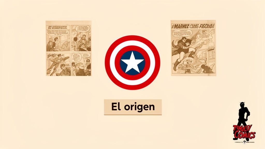 Dos paneles de cómics vintage y el escudo del Capitán América, titulados "El origen", destacando la historia de Marvel.