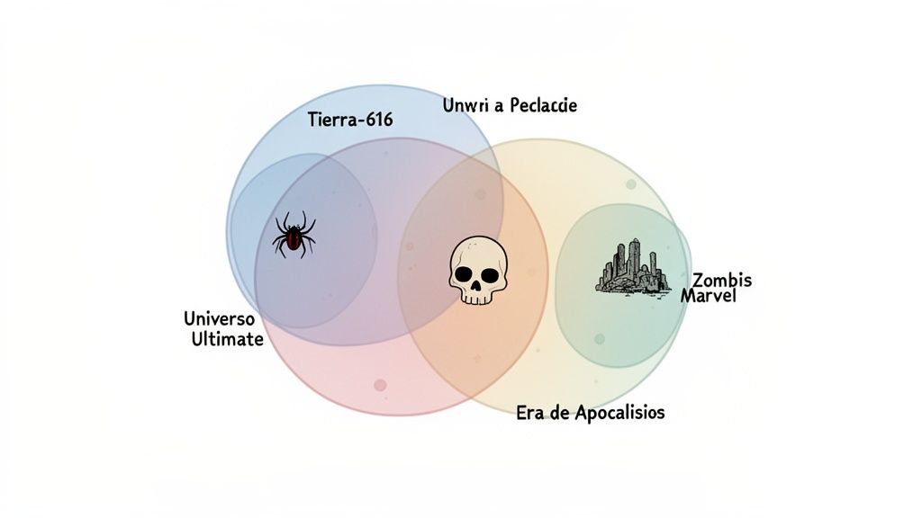 Diagrama de Venn que representa la interconexión de los universos Marvel: Tierra-616, Ultimate, Era de Apocalipsis y Zombis Marvel.