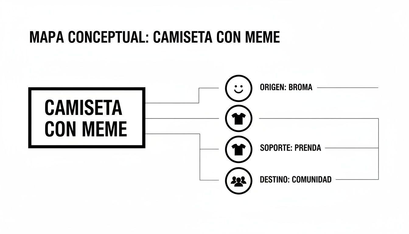 Mapa conceptual que describe una camiseta con meme, incluyendo su origen (broma), soporte (prenda) y destino (comunidad).