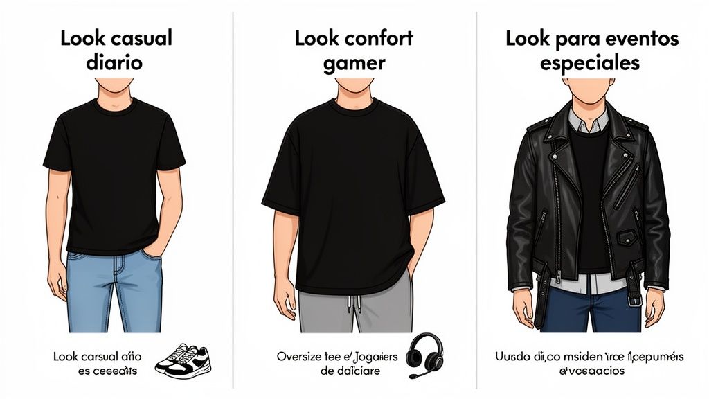 Tres looks de hombre con camiseta negra para diferentes ocasiones: casual, gamer y eventos especiales.