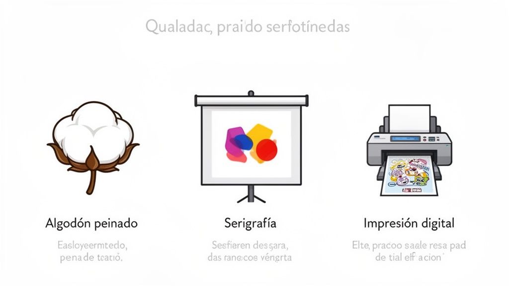 Tres ilustraciones muestran algodón peinado, serigrafía e impresión digital, explicando procesos textiles y de estampado.