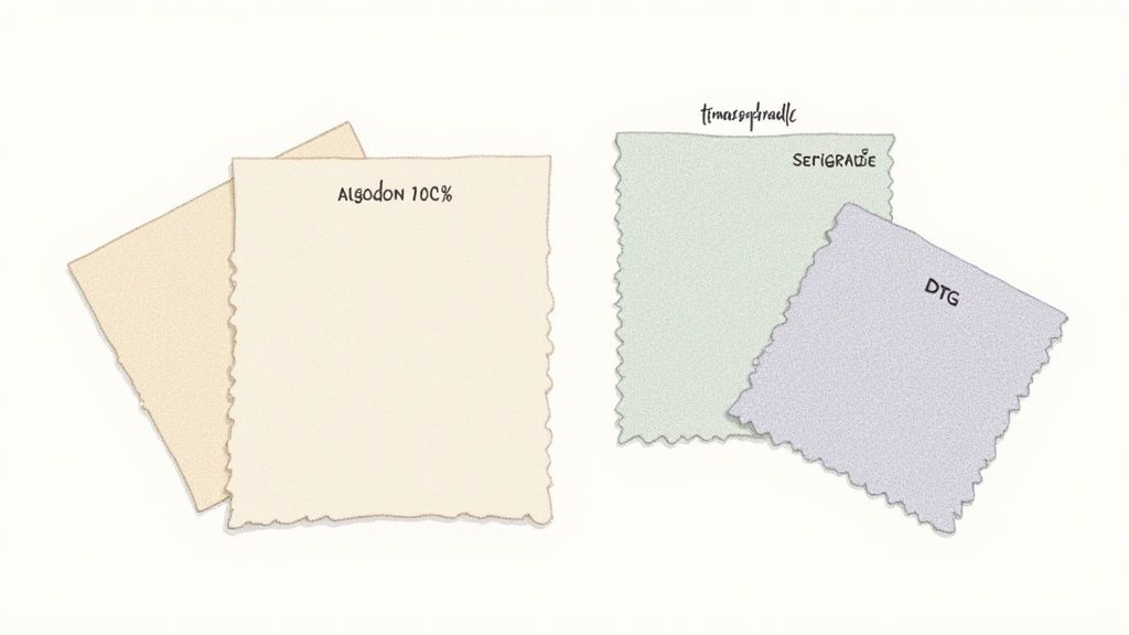 Muestras de tela de algodón 100% y tejidos con técnicas de estampado como serigrafía y DTG.