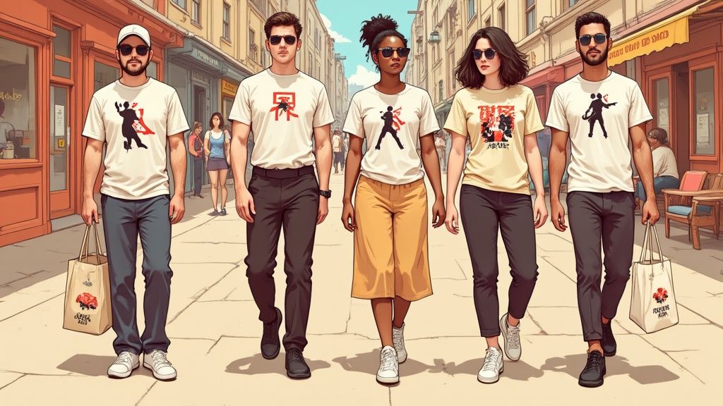 Cinco jóvenes con camisetas de Demon Slayer y gafas de sol caminan por una animada calle comercial.