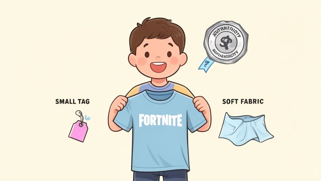 Un niño sostiene una camiseta azul claro de Fortnite, destacando una etiqueta pequeña, tela suave y un sello de autenticidad.