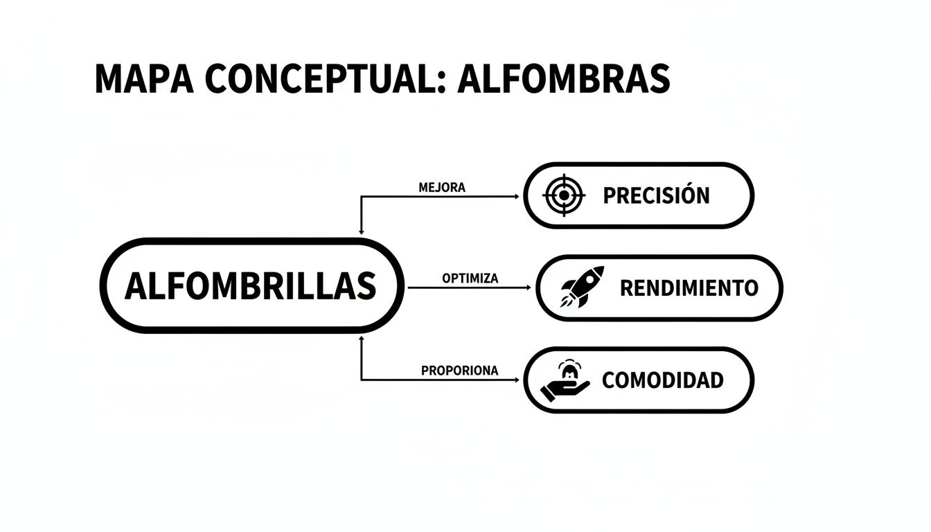 Mapa conceptual mostrando cómo las alfombrillas de ratón mejoran la precisión, optimizan el rendimiento y proporcionan comodidad al usuario.