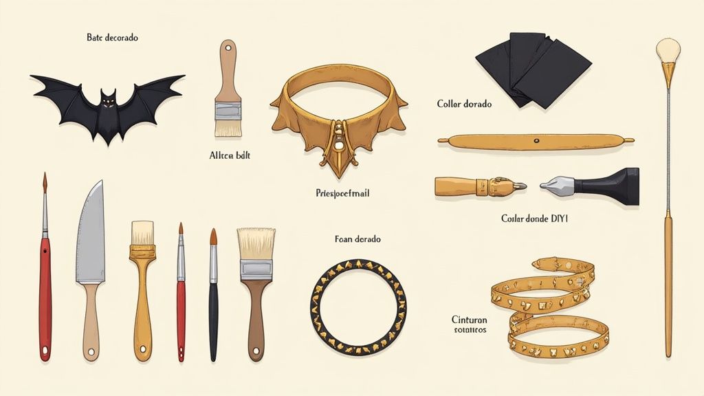 Imagen con herramientas de manualidades y piezas de disfraces, incluyendo pinceles, un bate y un collar dorado.